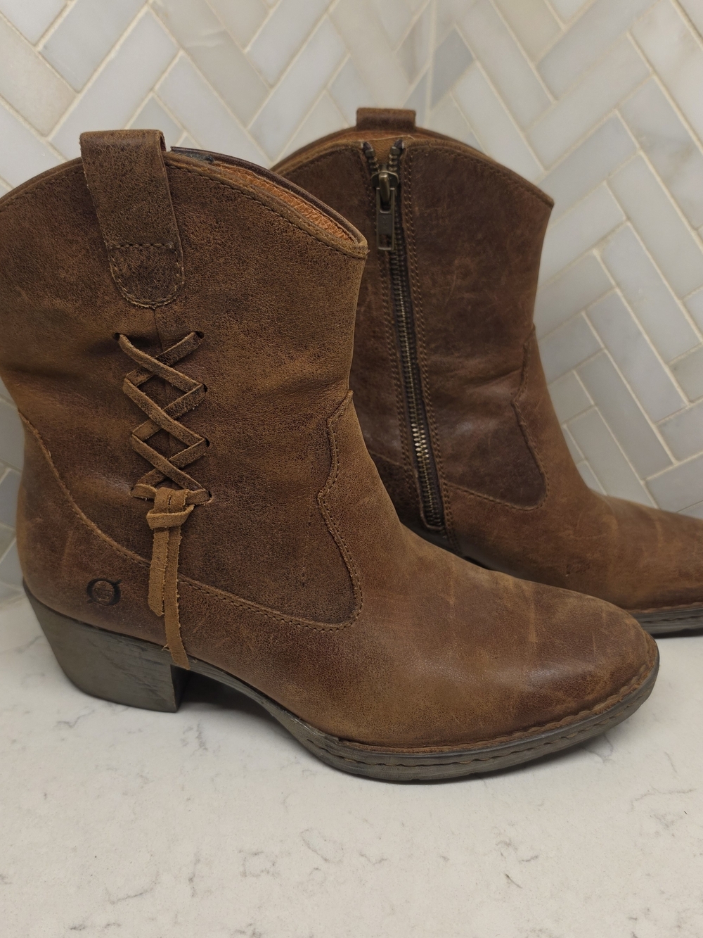 Born Brown Suede Western Ankle Boots with Side Zip